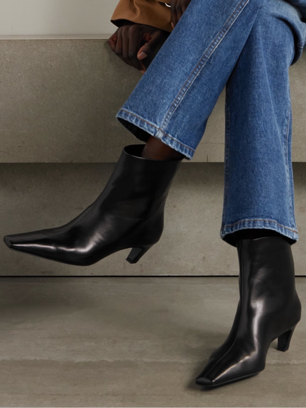 KHAITE Black Leather Pointed Ankle Boots